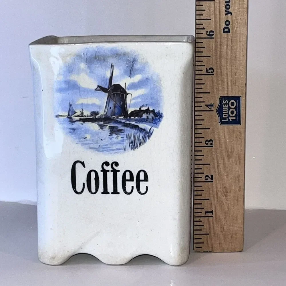 Vintage‎ Square Ceramic Coffee Cannister Blue & White Windmill 6